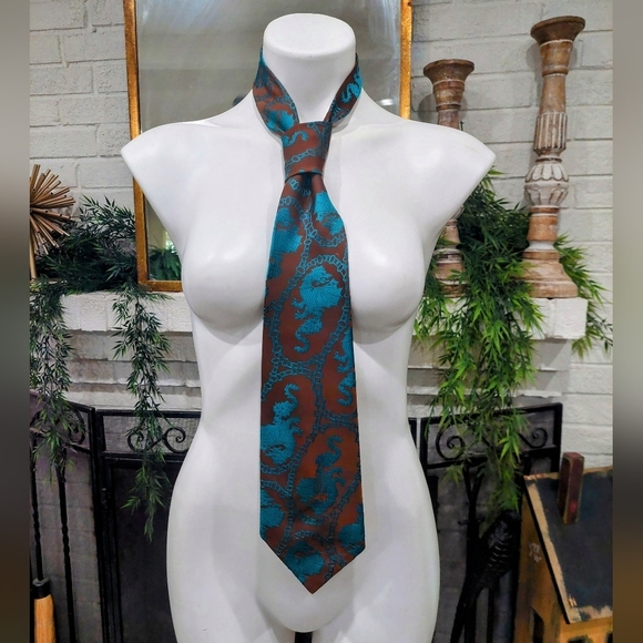 Other - Handmade Tie Teal Chain Brown Jacquard Dragon Classic USA Made Luxury Necktie VG